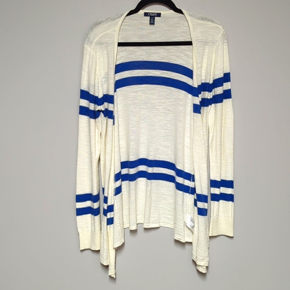 CHAPS White and Blue Striped Open Front Cardigan